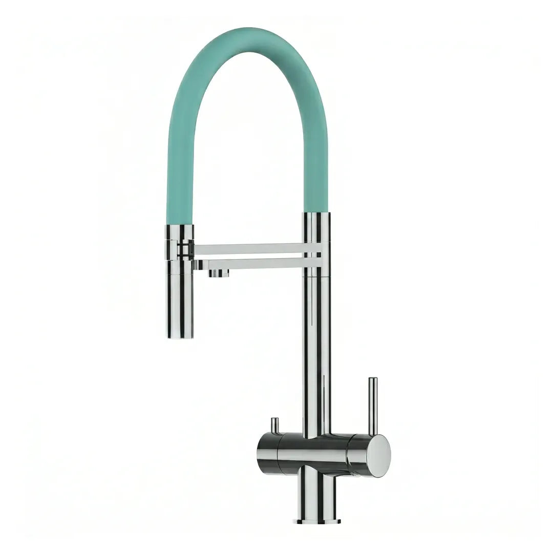 VIZIO 3-Wege Wasserhahn Türkis aus Edelstahl mit 2-Strahl Brause: Modell VZFX018102 als Freisteller