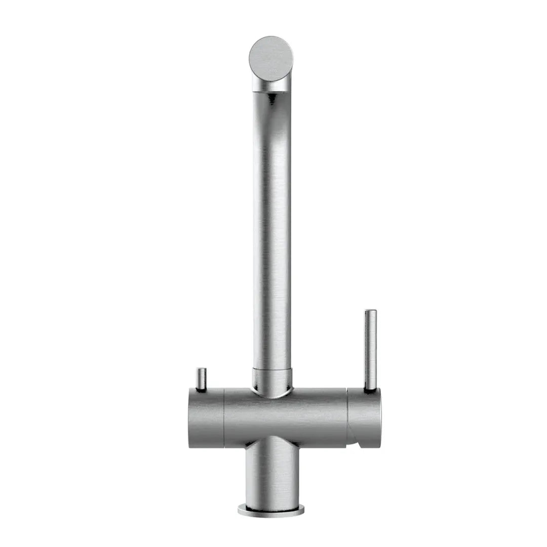 Der 3 Wege Wasserhahn aus Edelstahl von Vizio für Osmoseanlagen: Modell VZFX011180 als Freisteller von vorne