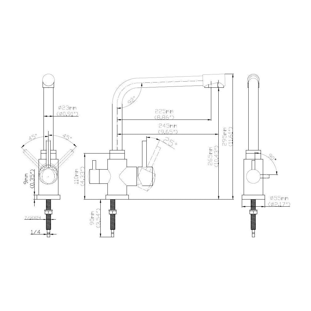 Dreiwegehahn, Misterwater, Poseidon, Edelstahl massiv, Maße