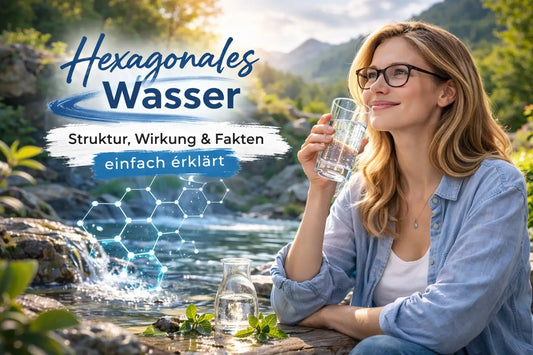 Junge Frau trinkt ein Glas Wasser an einem Wasserfall – Darstellung von hexagonalem Wasser und natürlicher Wasserqualität