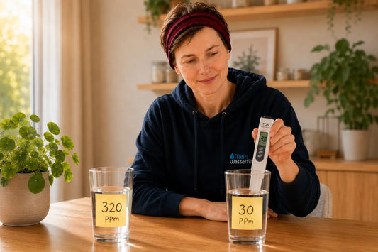 Person misst PPM-Wert in zwei Wassergläsern mit einem TDS-Messgerät. Der Vergleich zwischen Leitungswasser und gefiltertem Wasser zeigt 320 ppm gegenüber 30 ppm.