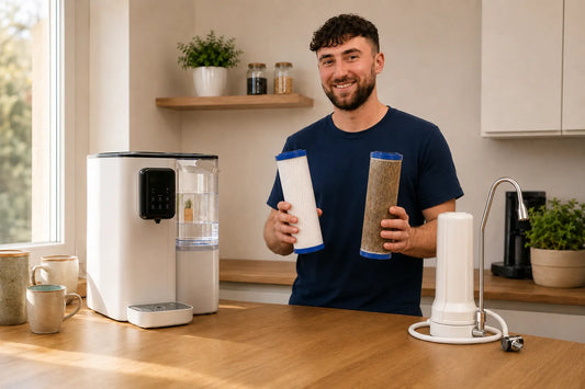 Mein-Wasserfilter Mitarbeiter zeigt neue und gebrauchte bzw. verschmutzte Filterkartusche neben einer Osmoseanlage und einem Aktivkohle-Auftischfilter in einer modernen Küche.