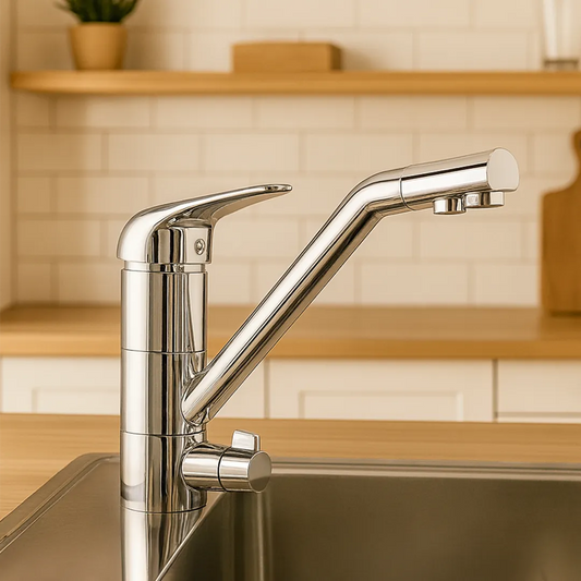 Dreiwegehahn Cosmo verchromt für Osmoseanlagen von misterwater: Dargestellt in einer Küche