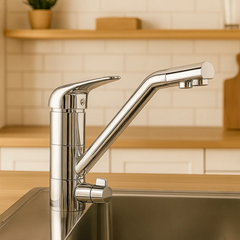 Dreiwegehahn Cosmo verchromt für Osmoseanlagen von misterwater: Dargestellt in einer Küche