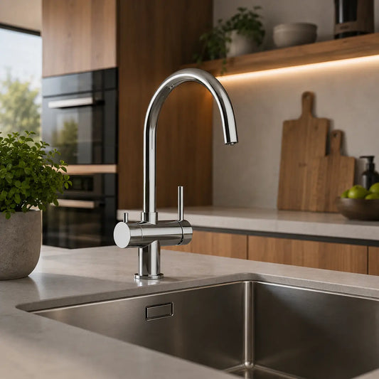 Der Alvito 3 Wege Wasserhahn Furore aus Edelstahl Glänzend für Osmoseanlagen: In einer Küche mit Holzelementen präsentiert