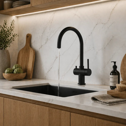 Vizio 3-Wege Wasserhahn Schwarz aus Edelstahl matt für Osmoseanlagen: Modell VZFX011322 in der Küche