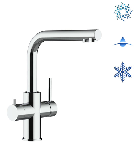 Kurzversion – 5 Wege Wasserhahn Küchenarmatur, Edelstahl Massiv mit 360° schwenkbarem L-Auslauf , Hochglanz Poliert - Mein-Wasserfilter.com