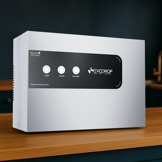 Der Wasserstoffgenerator von Evodrop - der Evobooster steht auf einer Küchenplatte