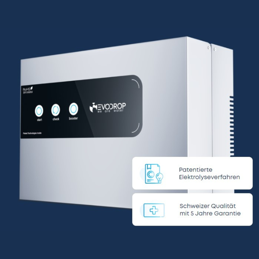 Evodrop Evobooster HPG mit blauem Hintergrund und Zusatzinformationen