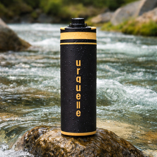 Urquelle Outdoor Filterflasche steht in einem Fluss mit Tropfen vom Wasserholen