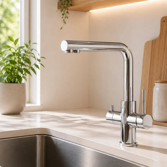 Viziotechnik 5-Wege-Wasserhahn –  Kurzversion mit L-Auslauf – Edelstahl hochglanz – VZFX511200