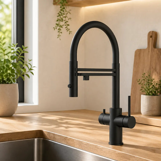 Viziotechnik 5-Wege-Wasserhahn schwarz – kurze Version – Edelstahl matt – VZFX518122