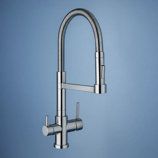 Der ALTEA Dreiwegehahn aus Edelstahl für Osmoseanlage und Wasserfilter von misterwater: Auf blauem Hintergrund