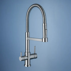 Der ALTEA Dreiwegehahn aus Edelstahl für Osmoseanlage und Wasserfilter von misterwater: Auf blauem Hintergrund