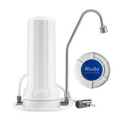 Der Alvito Auftischfilter Pro Wasserfilter mit Edelstahl Auslauf präsentiert als Freisteller vor und unten