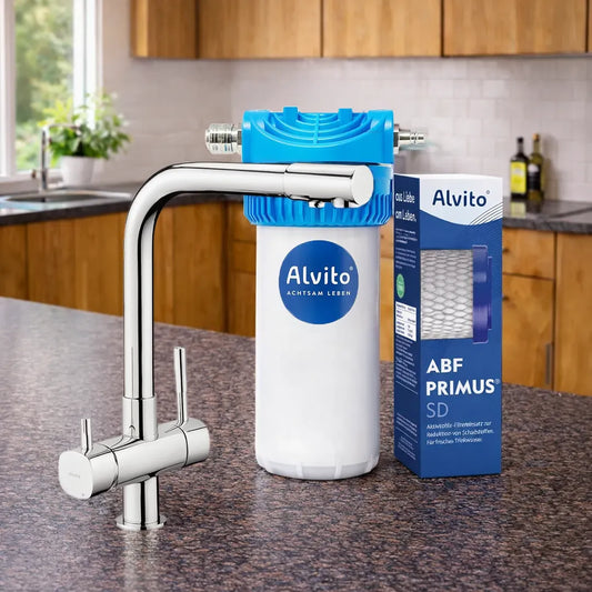 Alvito Wasserfilter Set Integral Pure mit Untertisch Filtergehäuse, Primus SD Filtereinsatz, 3 Wege Wasserhahn und Aquastop in der Küche