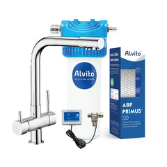 Alvito Wasserfilter Set Integral Pure mit Untertisch Filtergehäuse, Primus SD Filtereinsatz, 3 Wege Wasserhahn und Aquastop als Freisteller