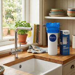 Alvito Wasserfilter Set Integral Pure mit Filtergehäuse, Primus SD Filtereinsatz, 3 Wege Wasserhahn in der Küche inszeniert 