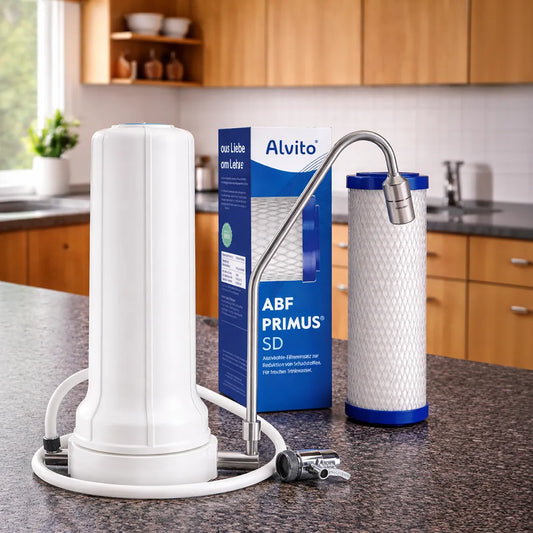 Alvito Wasserfilter Set Nature mit Auftisch Filtergehäuse, Aktivkohlefilter Primus SD Filtereinsatz und Wasserwirbler Viva 2.8 in der Küche