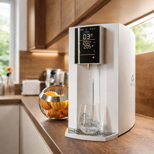 Arktisquelle Wasserfilter Auftisch Osmoseanlage in der Küche auf Holzplatte