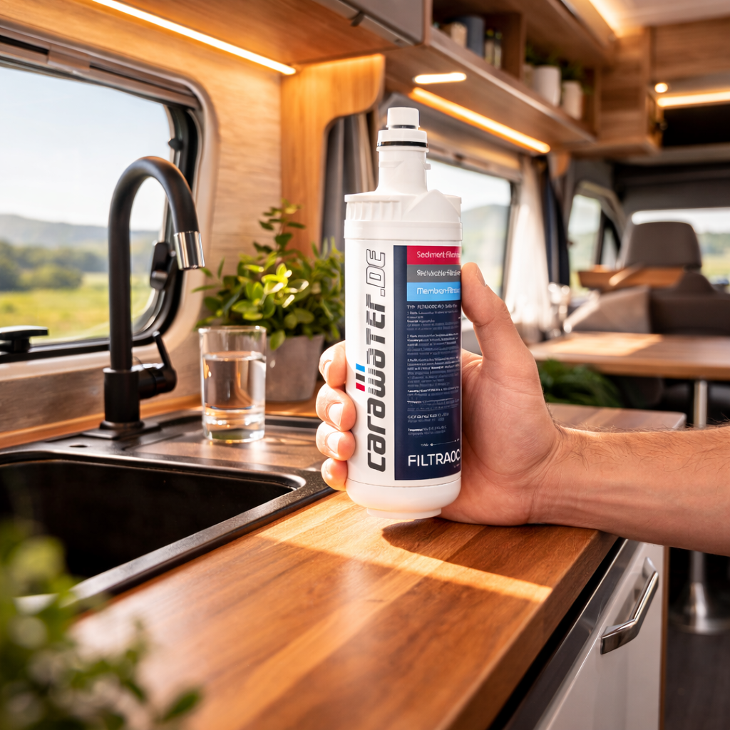 Carawater Ersatz-Filterkartusche mit Sedimentfilter, Aktivkohleblock und Membran für FILTRADOC M in Wohnmobil-Küche