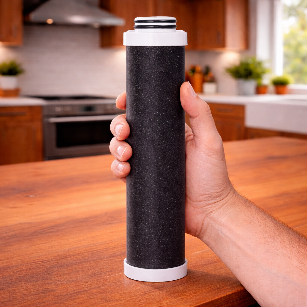 Carawater Wohnmobil Aktivkohle- und Sediment-Filtereinsatz für FILTRADOC Pre Speed 10 haltend in einer Hand