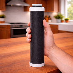 Carawater Wohnmobil Aktivkohle- und Sediment-Filtereinsatz für FILTRADOC Pre Speed 10 haltend in einer Hand