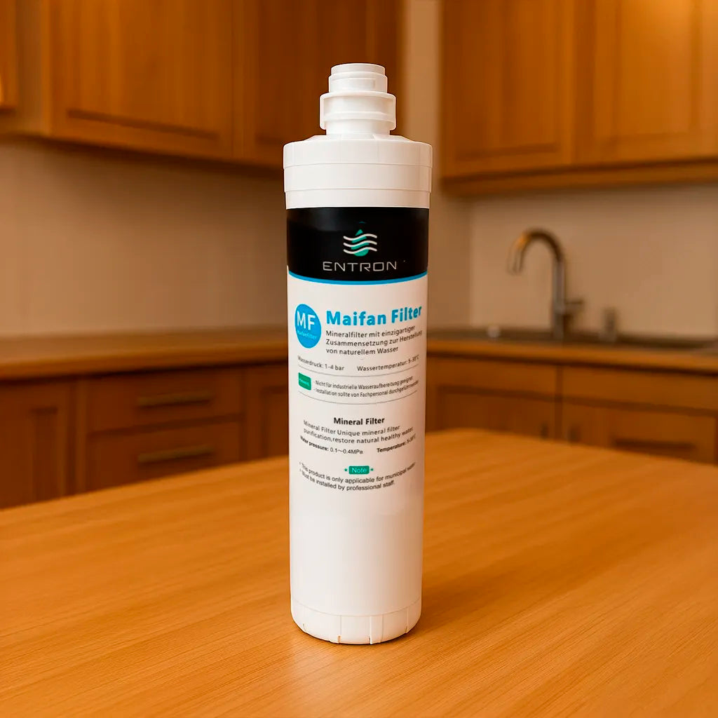 Der Ersatzfilter Maifan Mineralfilter für die Entron F-Serie: Stehend in einer warmen Küche
