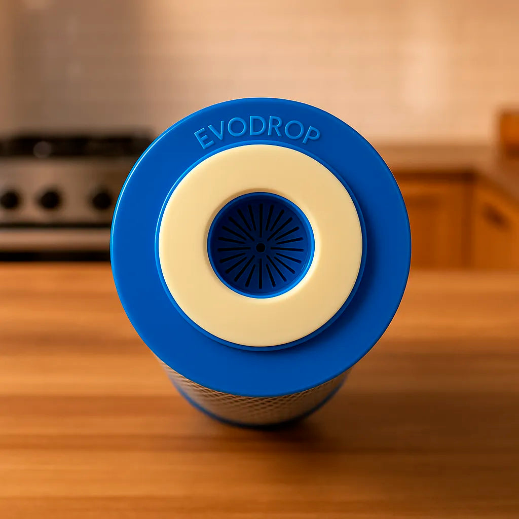 Ersatzfilter für EvoSorb Wasserfilteranlage  von Evodrop präsentiert auf Küchenplatte von oben