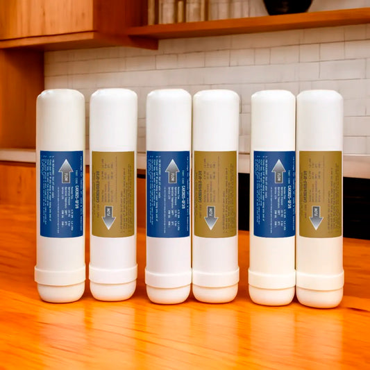 3x Osmose Ersatzfilter Vorfilter für Pi Power Compact 300 Osmoseanlage als Vorteilsset - präsentiert auf Tischplatte