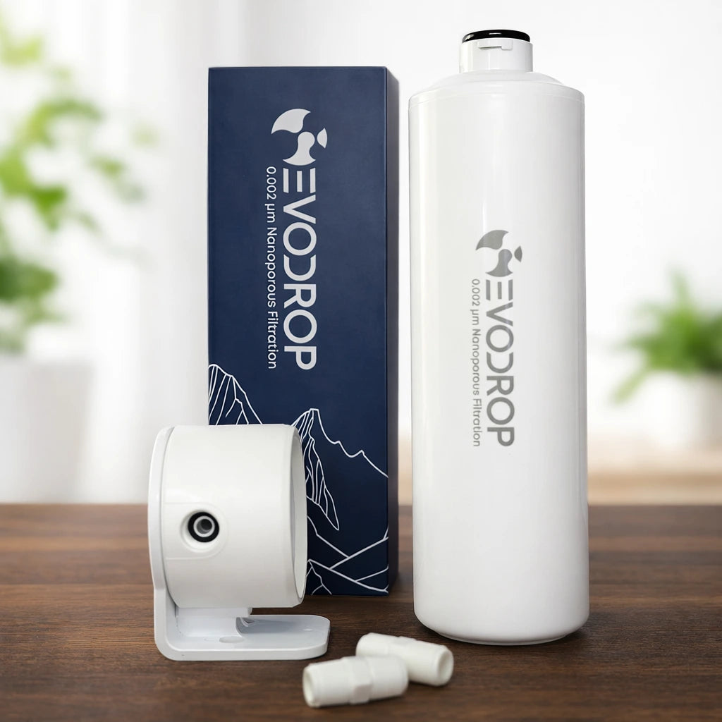 Evodrop Evodrink Quickchange Aktivkohlefilter in Weiß mit Verpackung und Zubehör