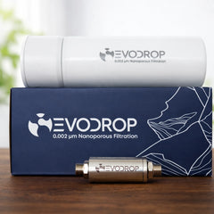Evodrop Evodrink Quickchange Aktivkohlefilter in Weiß mit Verpackung und Ecvocharge