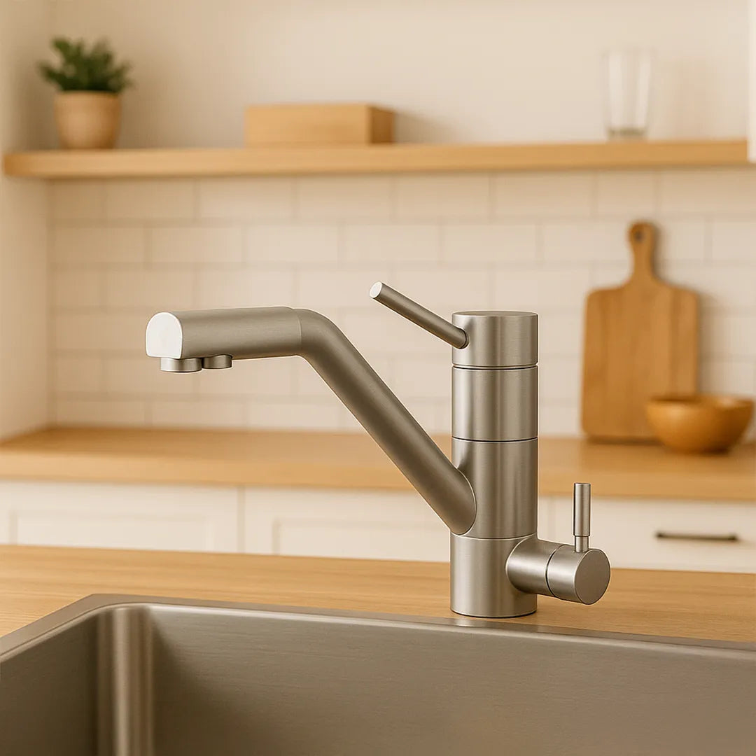 Der Evodrop EW 312 3-Wege-Wasserhahn  für Osmoseanlagen und Wasserfilter: In einer Küche platziert