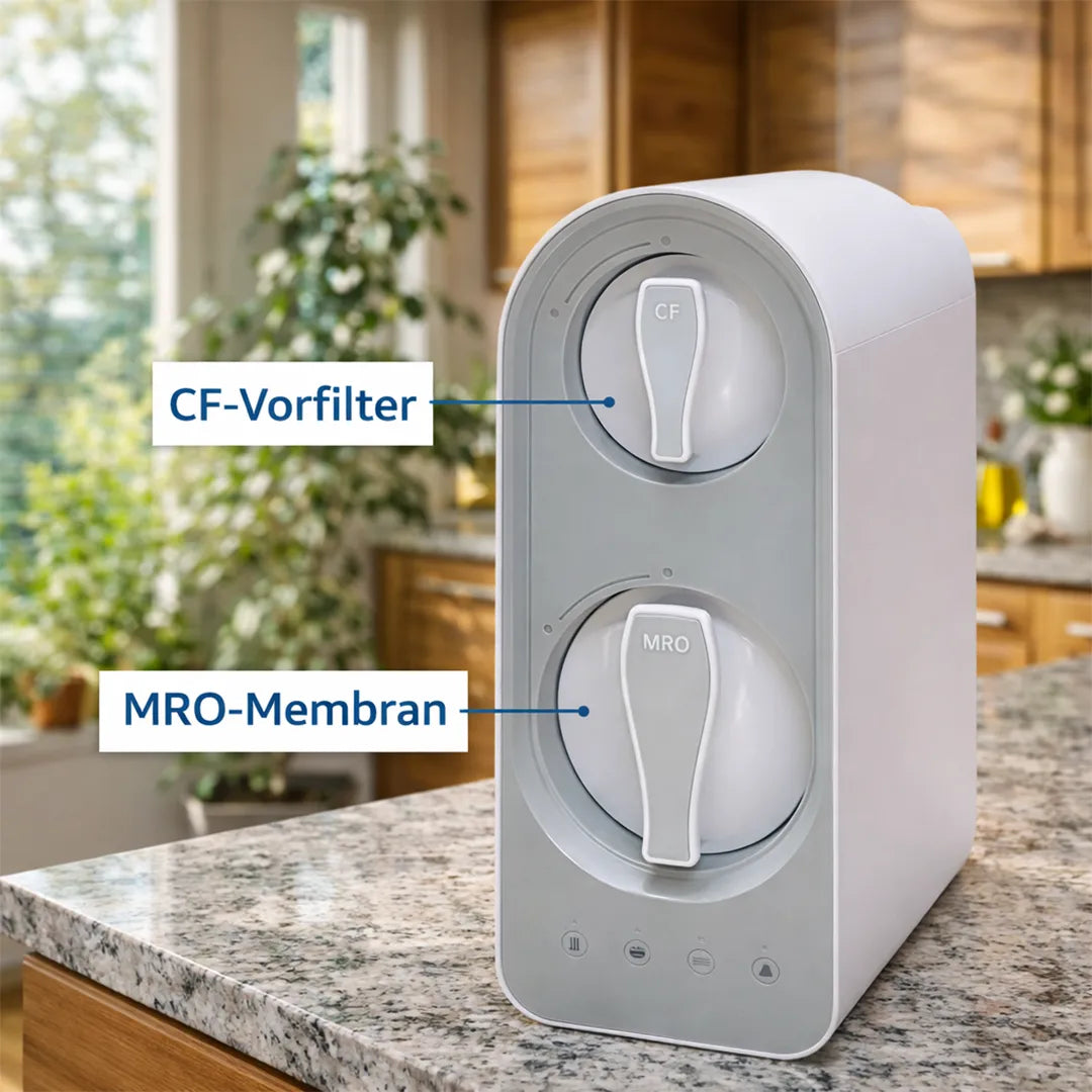 H.Preiss WOW Untertisch Osmoseanlage von innen - CF Vorfilter und MRO Membran sichtbar