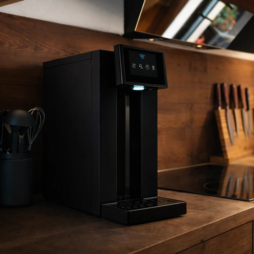 Der Frizz On Wasserfilter von Jomi: Schwarze Auftisch Osmoseanlage mit Sprudelfunktion - in der Küche