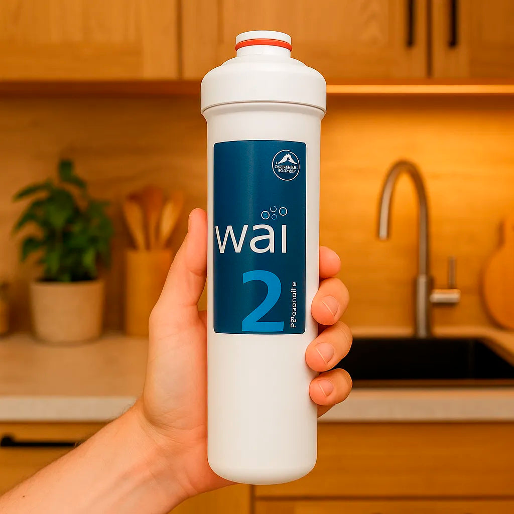 Ersatzfilter Stufe 2 Maunawai Intensivfilter für das PiConnect wai Unterbau-Filtersystem - haltend in Hand in warmer Küche