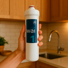 Ersatzfilter Stufe 1 Maunawai Grundfilter für das PiConnect wai Unterbau-Filtersystem - haltend in Hand in warmer Küche