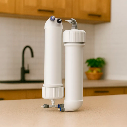 2 Membranen mit Gehäuse für PI-Power Compact 300 Osmoseanlage – Ersatzfilter 150 GPD - präsentiert auf Tischplatte