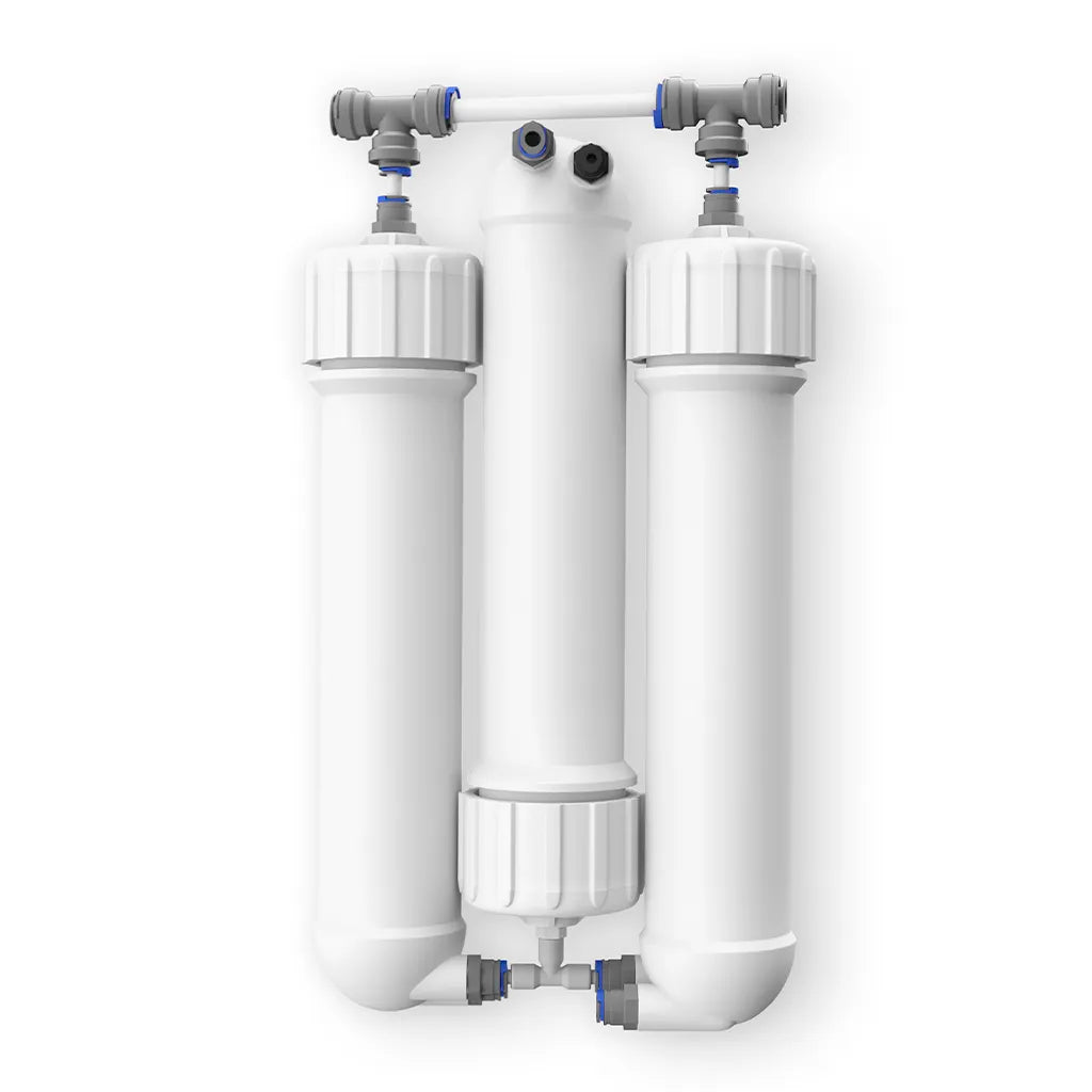 3 Membranen mit Gehäuse für PI-Power Compact 450 Osmoseanlage – Ersatzfilter 150 GPD - präsentiert liegend von oben als Freisteller