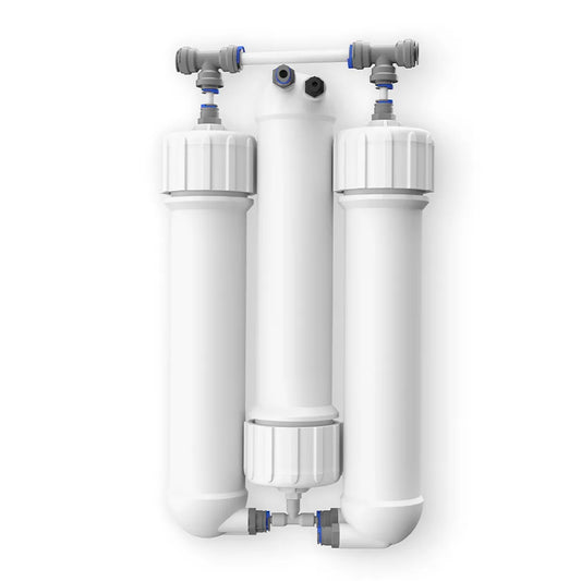 3 Membranen mit Gehäuse für PI-Power Compact 450 Osmoseanlage – Ersatzfilter 150 GPD - präsentiert liegend von oben als Freisteller