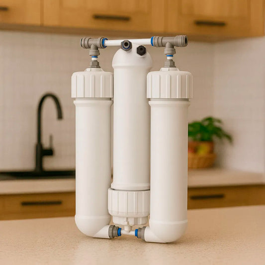 3 Membranen mit Gehäuse für PI-Power Compact 450 Osmoseanlage – Ersatzfilter 150 GPD - präsentiert auf Tischplatte
