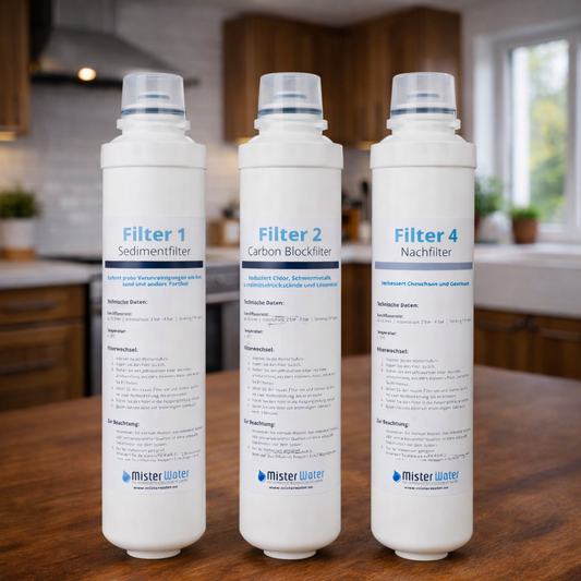 Misterwater Ersatzfilter für Futura: Sedimentfilter, Aktivkohlefilter und Nachfilter präsentiert in einer Küche