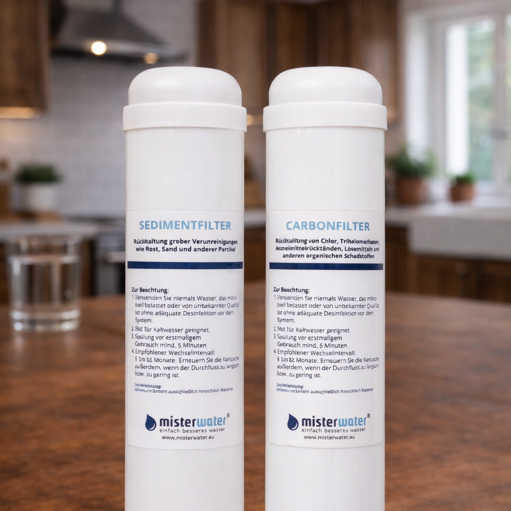 Misterwater Ersatzfilter - Sedimentfilter undAktivkohlefilter für die New Generation Osmoseanlage - präsentiert in einer Küche