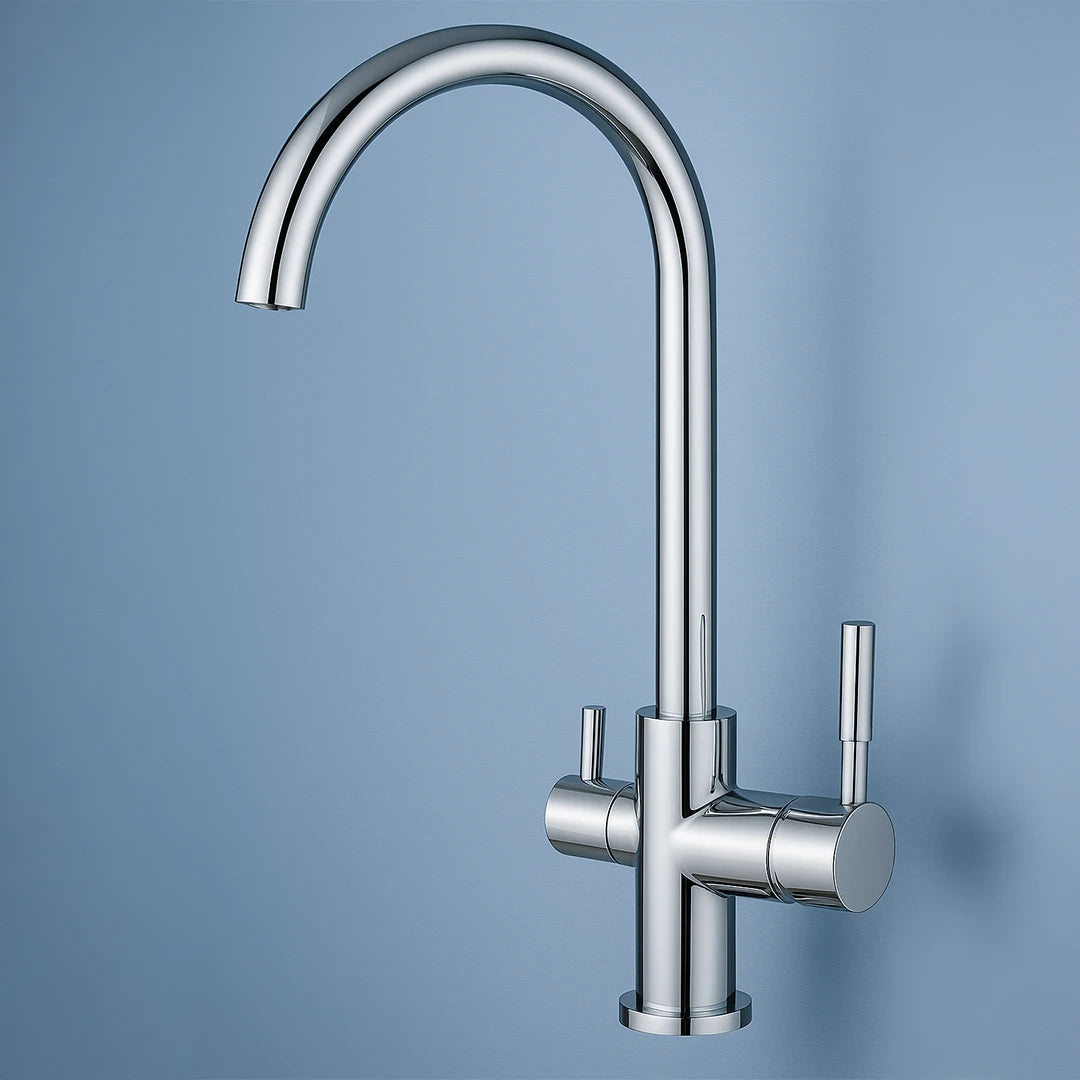 Der Pi 4106 3-Wege-Wasserhahn aus Edelstahl für Osmoseanlagen und Wasserfilter: Auf blauem Hintergrund
