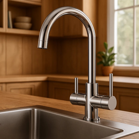 Der Pi 4106 3-Wege-Wasserhahn aus Edelstahl für Osmoseanlagen und Wasserfilter: Modell in einer Küche