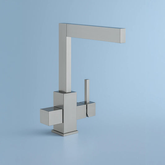 Der Pi 6000 3-Wege-Wasserhahn Satin Optik für Osmoseanlagen und Wasserfilter: Auf blauem Hintergrund