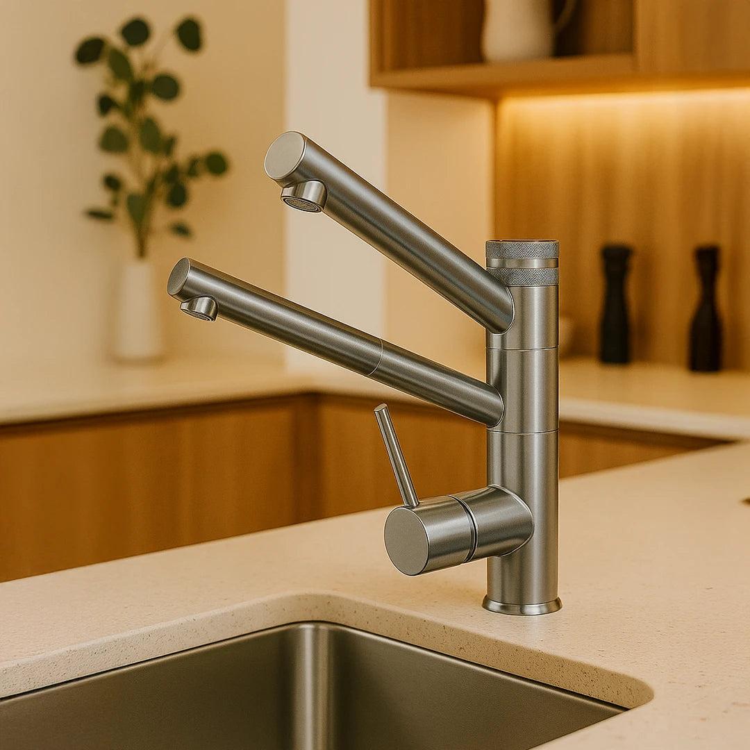 Der Pi 9180 M 3-Wege-Wasserhahn Satin Optik mit ausziehbarer Brause für Osmoseanlagen und Wasserfilter: Modelliert in einer Küche