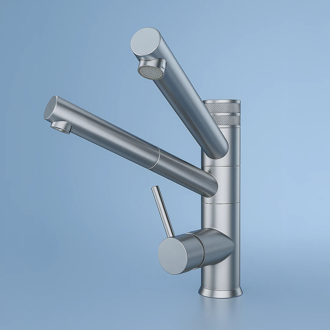 Der Pi 9180 M 3-Wege-Wasserhahn Satin Optik mit ausziehbarer Brause für Osmoseanlagen und Wasserfilter: Auf blauem Hintergrund