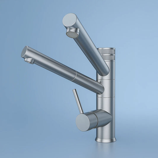 Der Pi 9180 M 3-Wege-Wasserhahn Satin Optik mit ausziehbarer Brause für Osmoseanlagen und Wasserfilter: Auf blauem Hintergrund