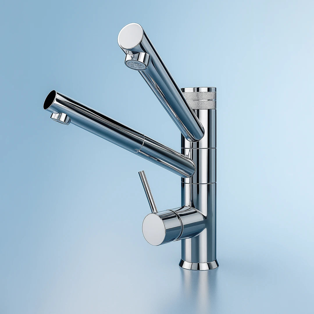 Der Pi 9180 M 3-Wege-Wasserhahn verchromt mit ausziehbarer Brause für Osmoseanlagen und Wasserfilter: Auf blauem Hintergrund